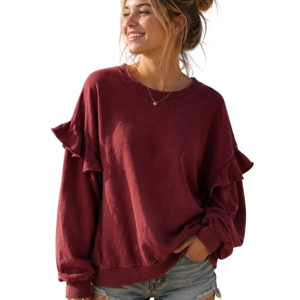 Aerie Ruffle Sleeve Sweatshirt Womens XL Burgundy Oversized Athleisure Bohemian